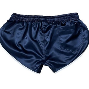 Runway to Retro: Sporty Sprint-Inspired Navy Blue Nylon Satin High Cut Shorts image 6