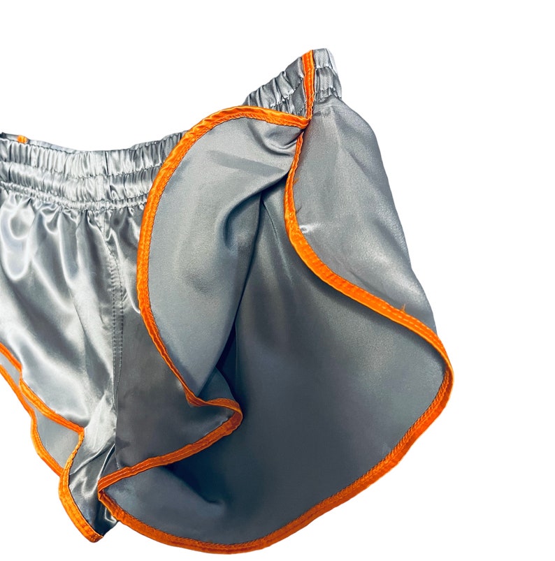 Runway to Retro: Sporty Sprint-Inspired Silver Nylon Satin High Cut Shorts zdjęcie 4