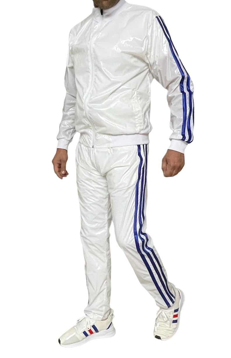 Vêtements de sport éblouissants: libérez votre brillance avec la combinaison de jogging ultime en nylon PU transparent en blanc/bleu image 6