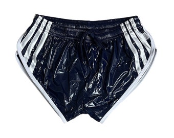 Pantalones cortos deportivos de corte alto azul marino de nailon PU con pantalones cortos retro elásticos