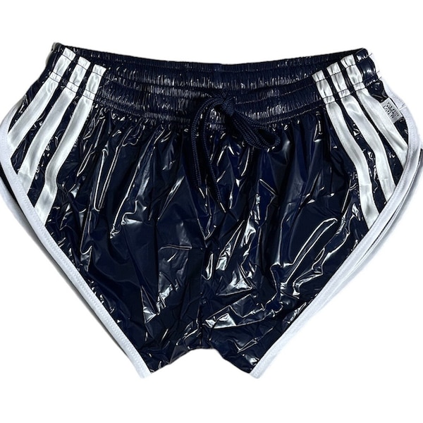 Short de sprint de sport coupe haute en nylon PU bleu marine avec short rétro élastiqué