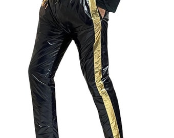 Shine Bright in Style: Black PU Nylon Sport Jogging Pants