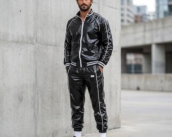 Glossy Black PU Nylon Tracksuit – Sporty. Edgy. Unstoppable