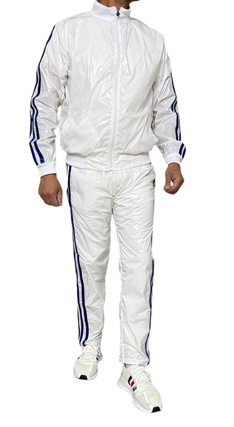 Vêtements de sport éblouissants: libérez votre brillance avec la combinaison de jogging ultime en nylon PU transparent en blanc/bleu image 3