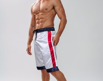 Shiny Satin Boxing Shorts - Satin Casual Trunks - White Glossy Satin Short
