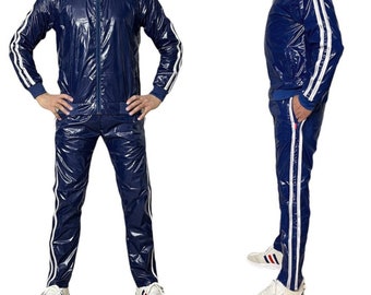 Shine in Style: The Ultimate PU Nylon Sport Jogging Suit Navy and White