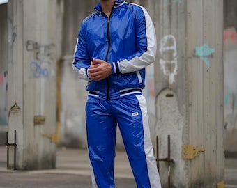 Retro-Luxury PU Nylon Tracksuit – High Gloss Royal Blue & White