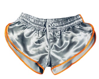 Runway to Retro: Sporty Sprint-Inspired Silver Nylon Satin High Cut Shorts