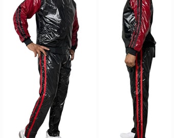 Shine in Style: The Ultimate PU Nylon Sport Jogging Suit Black/Red