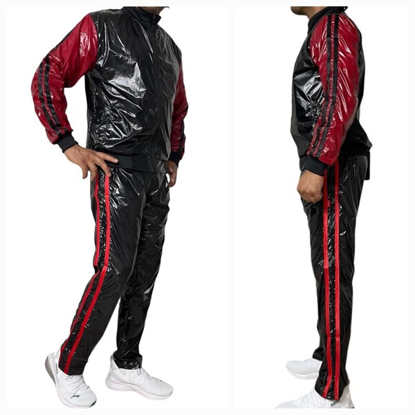 Shine in Style: The Ultimate PU Nylon Sport Jogging Suit Black/Red