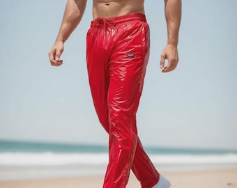 Shiny Red PU Nylon Joggers – Glossy Track Pants with Breathable Mesh Inner Lining & Sleek Zipper Details