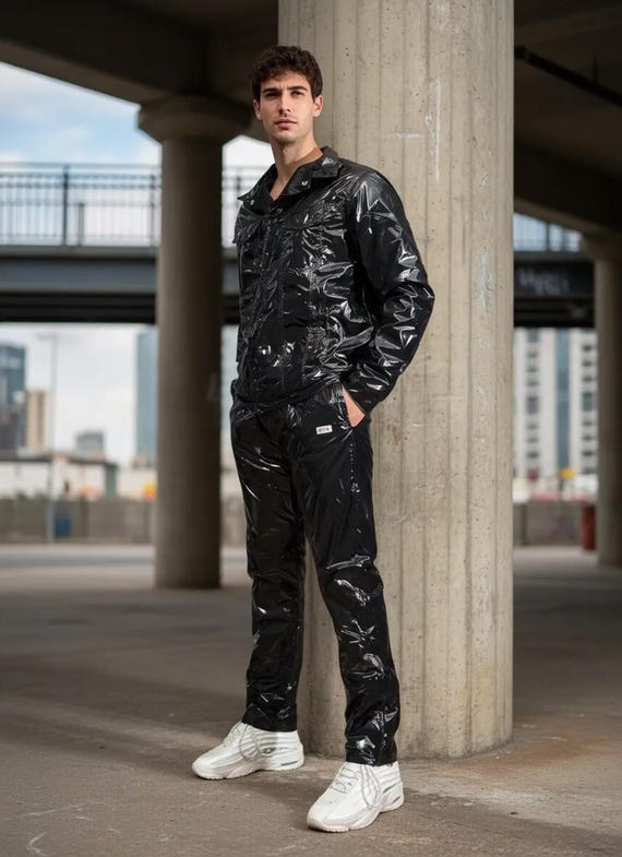 Black High-Gloss PU-Nylon Tracksuit – Button-Down Jacket & Adjustable Zipper Pants