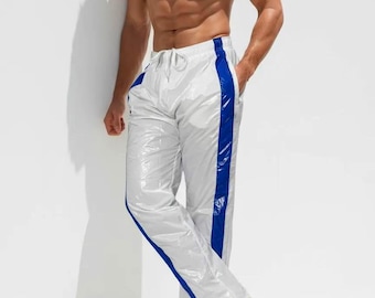 High-Shine PU Track Pants – White Athletic Joggers with Blue Stripe Detail