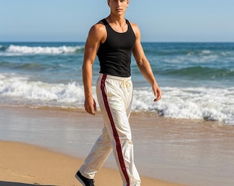 High-Shine PU Track Pants Holographic & Red | Men's Glossy Joggers | Athletic Joggers | 90s retro rave outfit | Wet Look Pants