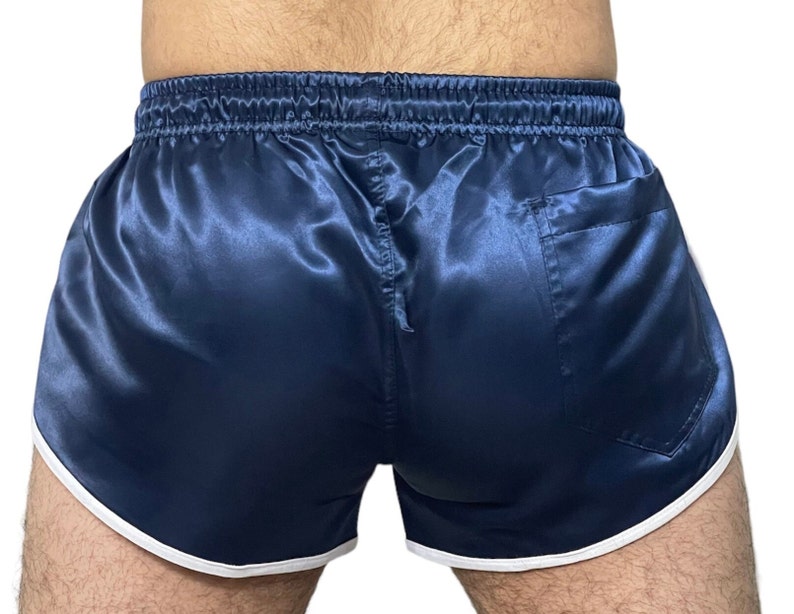 Runway to Retro: Sporty Sprint-Inspired Navy Blue Nylon Satin High Cut Shorts image 5