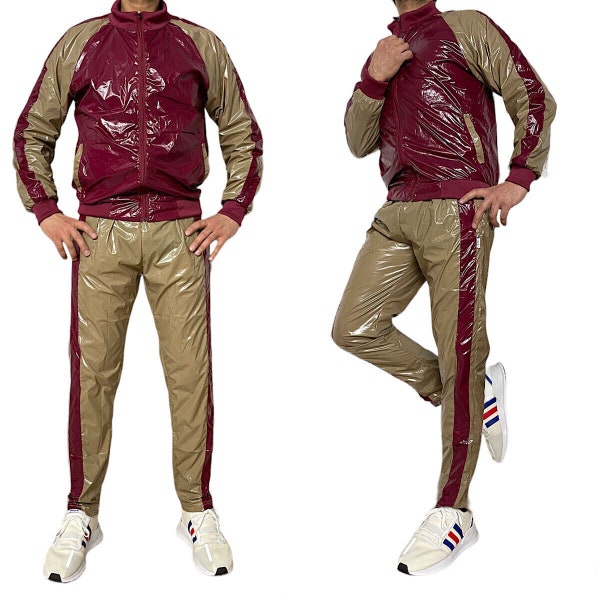 Shine in Style: The Ultimate PU Nylon Sport Jogging Suit Bone Brown/Red