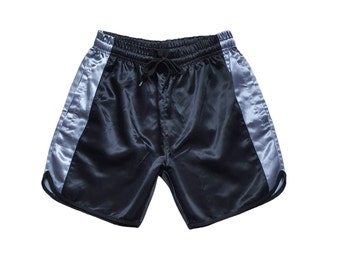 Black Grey Satin Boxing Shorts with Retro Style