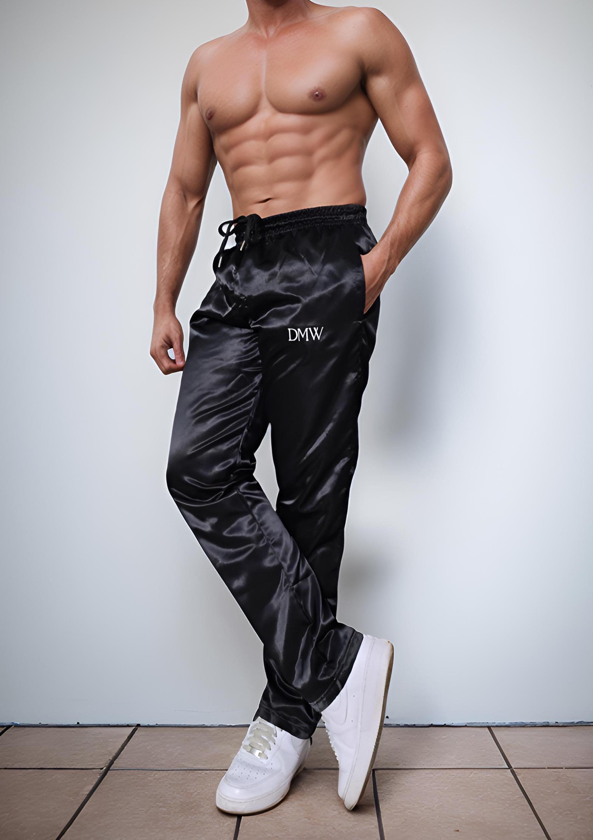 Black Shiny Satin Track Pants – Glossy Athletic Joggers With