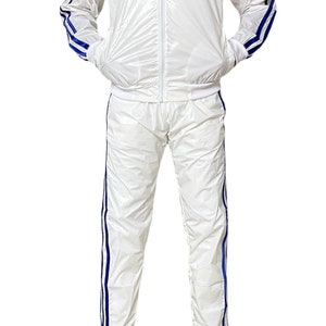 Vêtements de sport éblouissants: libérez votre brillance avec la combinaison de jogging ultime en nylon PU transparent en blanc/bleu image 4