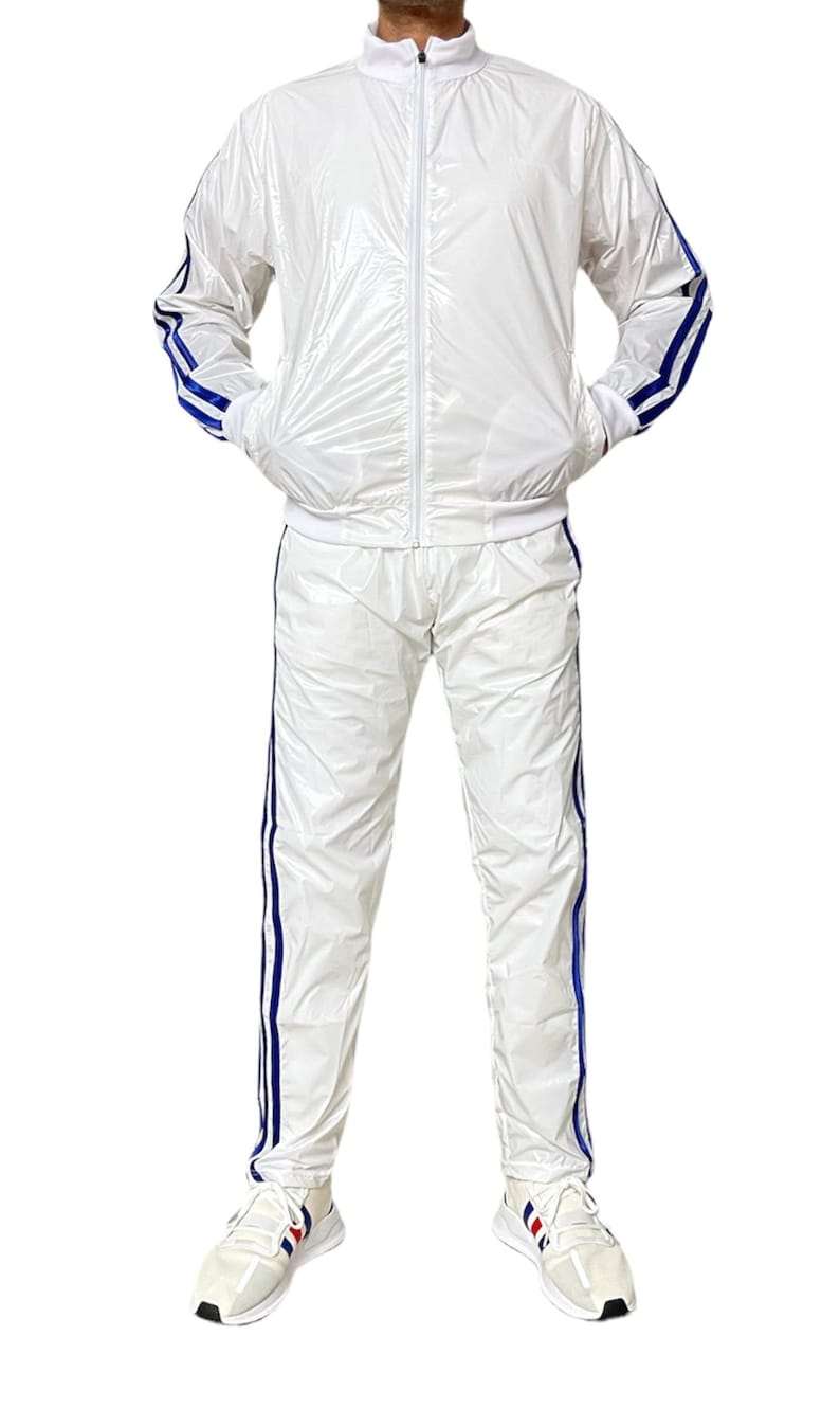 Vêtements de sport éblouissants: libérez votre brillance avec la combinaison de jogging ultime en nylon PU transparent en blanc/bleu image 4