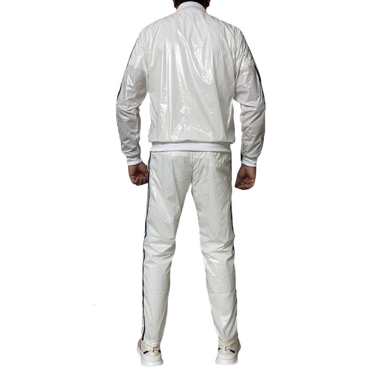 Vêtements de sport éblouissants: libérez votre brillance avec la combinaison de jogging ultime en nylon PU transparent en blanc/bleu image 7