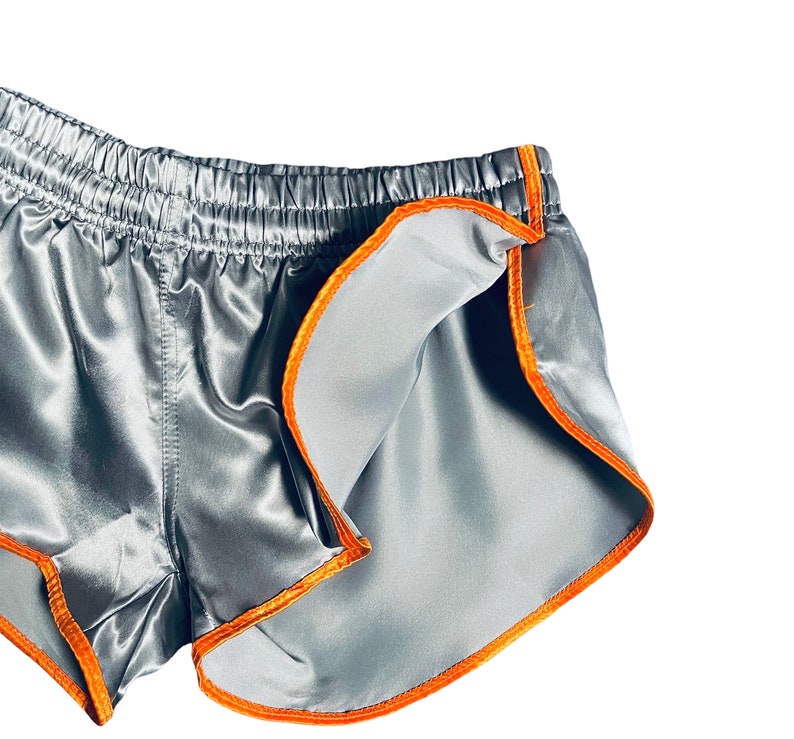 Runway to Retro: Sporty Sprint-Inspired Silver Nylon Satin High Cut Shorts zdjęcie 5