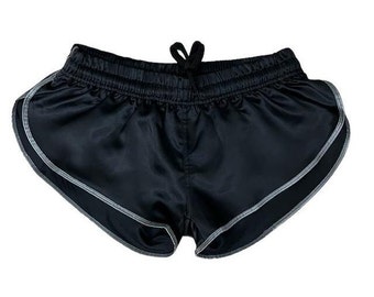 Runway to Retro: Sporty Sprint-Inspired Black Nylon Satin High Cut Shorts