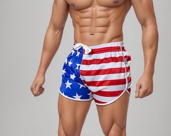 Shorts de corrida vintage de cetim com bandeira americana brilhante – Edição retrô para atletas