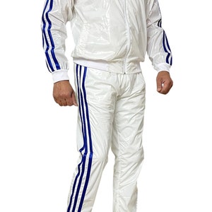 Vêtements de sport éblouissants: libérez votre brillance avec la combinaison de jogging ultime en nylon PU transparent en blanc/bleu image 2