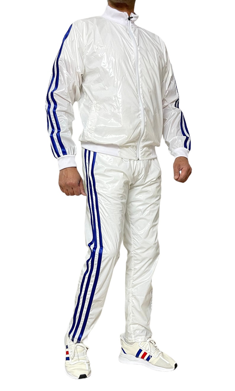 Vêtements de sport éblouissants: libérez votre brillance avec la combinaison de jogging ultime en nylon PU transparent en blanc/bleu image 2