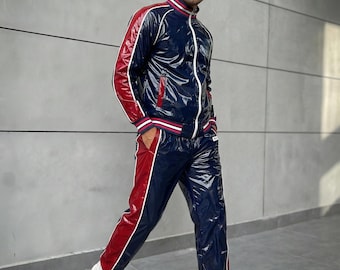 Retro-Luxury PU Nylon Tracksuit – High Gloss Navy & Red