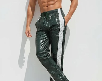 High-Shine PU Track Pants – Dark Green Athletic Joggers with White Stripe Detail