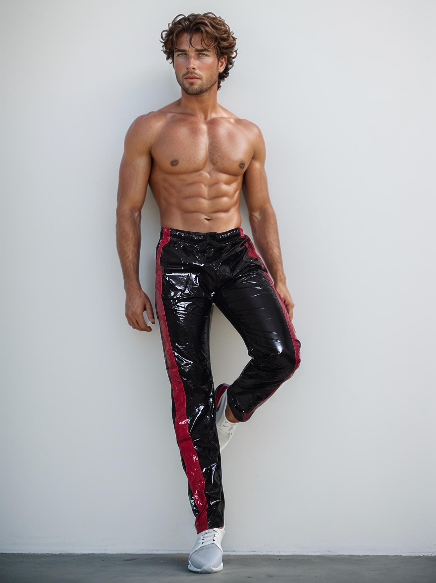 Shiny Black-Red PU Nylon Athletic Jogging Pants - Unisex Activewear