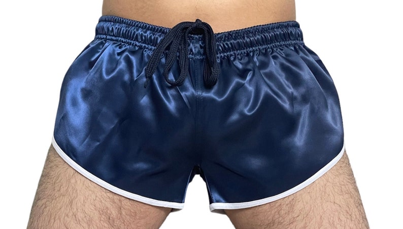 Runway to Retro: Sporty Sprint-Inspired Navy Blue Nylon Satin High Cut Shorts image 2