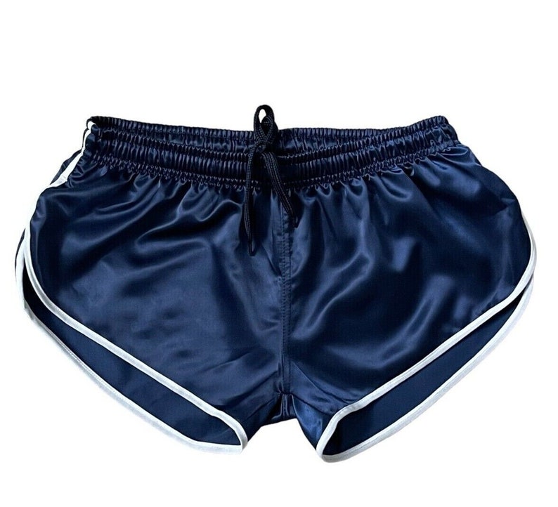 Runway to Retro: Sporty Sprint-Inspired Navy Blue Nylon Satin High Cut Shorts image 1