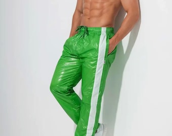 High-Shine PU Track Pants – Vibrant Green Athletic Joggers with White Stripe Detail