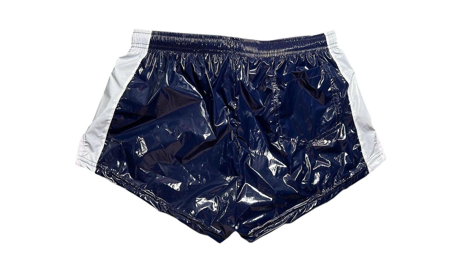 Glossy Pu-nylon Sprint Shorts – Navy Blue With White Side Stripes