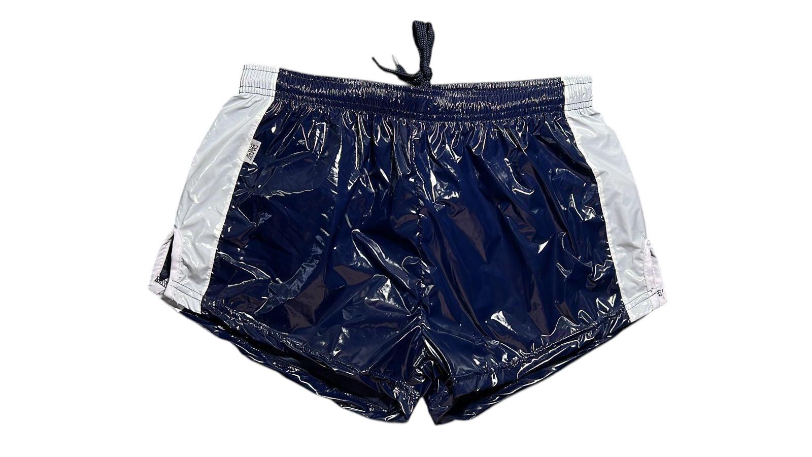 Glossy Pu-nylon Sprint Shorts – Navy Blue With White Side Stripes