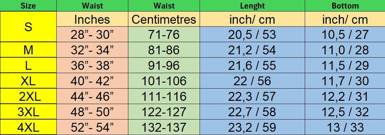 K&ouml;nnte beinhalten: Gr&ouml;&szlig;entabelle f&uuml;r Kleidung mit Ma&szlig;en in Zoll und Zentimetern. Die Tabelle zeigt die Gr&ouml;&szlig;en S bis 4XL mit den entsprechenden Taillenma&szlig;en in Zoll und Zentimetern, L&auml;nge in Zoll und Zentimetern und Bundma&szlig;en in Zoll und Zentimetern.