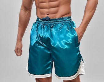 Turquoise satijnen shorts – glanzende unisex sportshorts, retro festivaloutfit, glanzende sportkleding