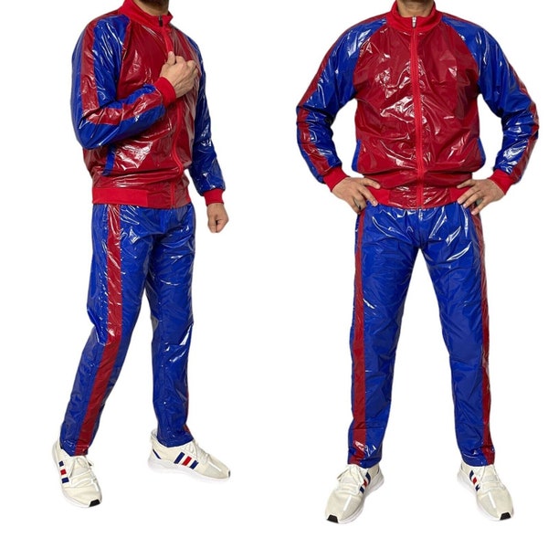 Shine in Style: The Ultimate PU Nylon Sport Jogging Suit Blue/Red