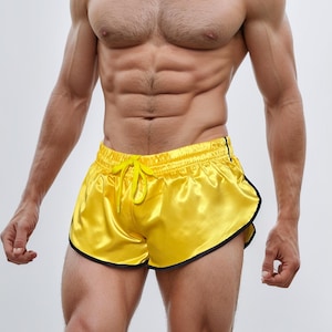 Retro Sporty Nylon Satin Shorts - High Cut Yellow Athleisure Wear for Men & Women