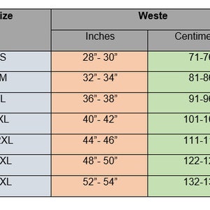 Op de afbeelding: Maattabel met taillematen in inches en centimeters. Maten vari&euml;ren van S (28"-30" / 71-76 cm) tot 4XL (52"-54" / 132-137 cm). De tabel is verdeeld in kolommen voor maat, inches en centimeters.