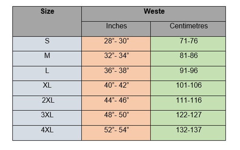 Op de afbeelding: Maattabel met taillematen in inches en centimeters. Maten vari&euml;ren van S (28"-30" / 71-76 cm) tot 4XL (52"-54" / 132-137 cm). De tabel is verdeeld in kolommen voor maat, inches en centimeters.