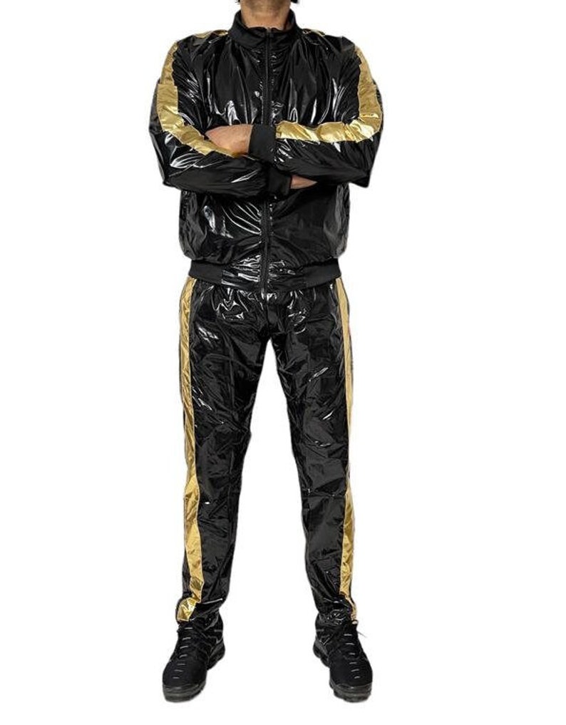 Shine in Style: The Ultimate PU Nylon Sport Jogging Suit Black Gold Bild 6