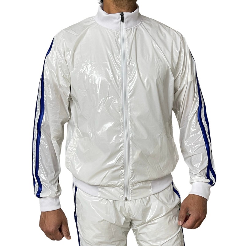 Radiant Performance: PU Nylon Transparent Sport Jogging Top in Shiny White/Blue image 4