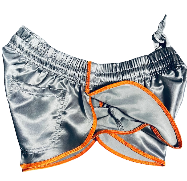 Runway to Retro: Sporty Sprint-Inspired Silver Nylon Satin High Cut Shorts zdjęcie 6