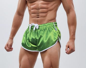 Vintage Sporty Nylon Satin Shorts - High Cut Vibrant Green Athleisure Wear for Men & Women