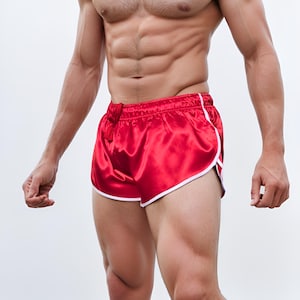Retro Sporty Nylon Satin Shorts - High Cut Red Athleisure Wear for Men & Women