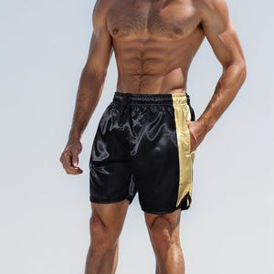 Black Gold Satin Boxing Shorts with Retro Style